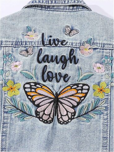 Girl's Cute Floral Butterfly Embroidery Denim Jacket Long Sleeve Button Down Collared Jeans Jackets Outerwear in Saudi Arabia