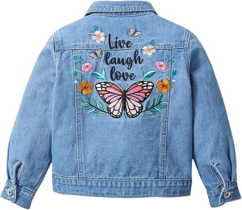 Girl's Cute Floral Butterfly Embroidery Denim Jacket Long Sleeve Button Down Collared Jeans Jackets Outerwear in Saudi Arabia