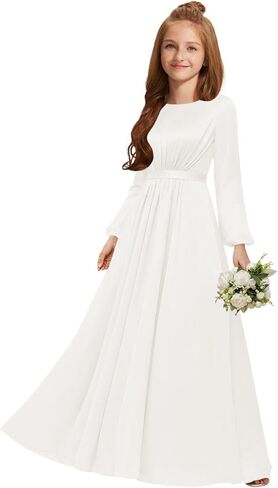 MRHUSH Junior Bridesmaid Dresses Satin Long Sleeve Flower Girl Dress Pleated Prom Dresses for Teen Girls Formal Dress A-Line in Kuwait