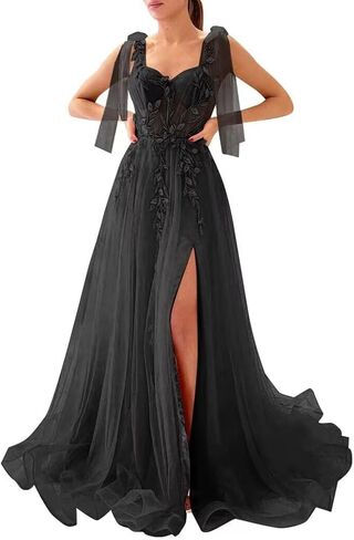 Dymaisei Appliques Tulle Prom Dresses Spaghetti Straps Formal Dresses with Slit Sweetheart Ball Gown in Saudi Arabia