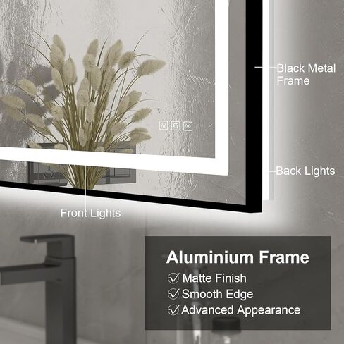 18x24 inches Rectangular Aluminum Black Framed LED Mirror, Smart Bathroom Mirror with Lights, Anti-Fog, Tempered Glass, 3 Colors Dimmable, Front and Backlit, Wall Mounted, Memory in Saudi Arabia