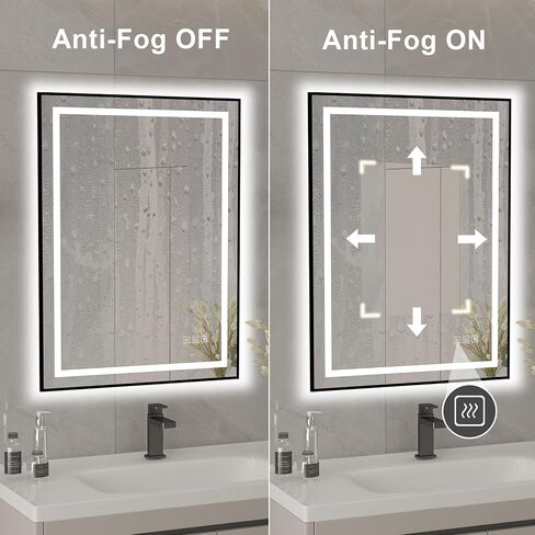 18x24 inches Rectangular Aluminum Black Framed LED Mirror, Smart Bathroom Mirror with Lights, Anti-Fog, Tempered Glass, 3 Colors Dimmable, Front and Backlit, Wall Mounted, Memory in Saudi Arabia
