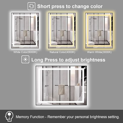 18x24 inches Rectangular Aluminum Black Framed LED Mirror, Smart Bathroom Mirror with Lights, Anti-Fog, Tempered Glass, 3 Colors Dimmable, Front and Backlit, Wall Mounted, Memory in Saudi Arabia