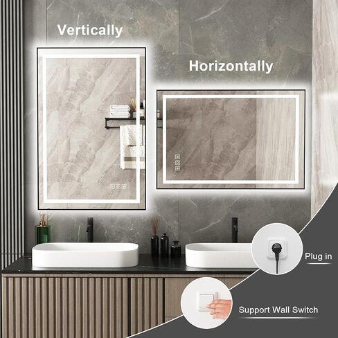 18x24 inches Rectangular Aluminum Black Framed LED Mirror, Smart Bathroom Mirror with Lights, Anti-Fog, Tempered Glass, 3 Colors Dimmable, Front and Backlit, Wall Mounted, Memory in Saudi Arabia