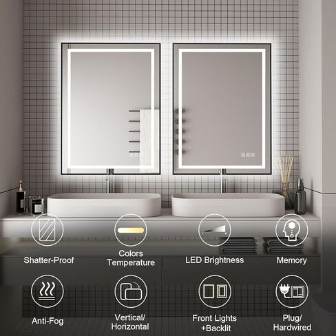 18x24 inches Rectangular Aluminum Black Framed LED Mirror, Smart Bathroom Mirror with Lights, Anti-Fog, Tempered Glass, 3 Colors Dimmable, Front and Backlit, Wall Mounted, Memory in Saudi Arabia