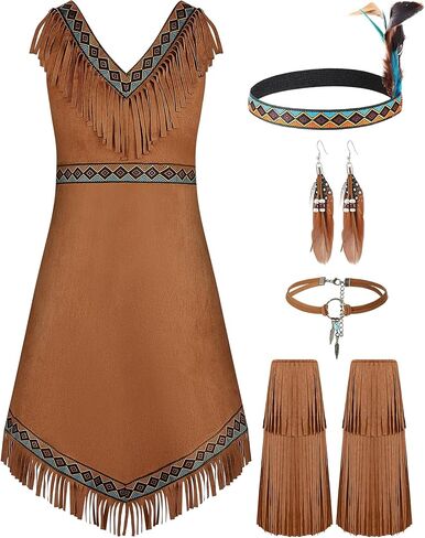 Foaincore 5 Pcs Native Princess Costume Set Aboriginal Dress Outfit for Halloween Cosplay Women in Saudi Arabia
