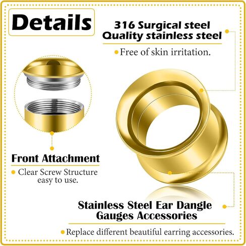 12G-50mm Gauges for Ears 316L Surgical Steel Mirror Finish Double Flared Tunnels Plugs Earrings Hollow Internally Threaded Ear Gauges Piercing for Women Men Silver Black Gold 1 Pairs in Saudi Arabia