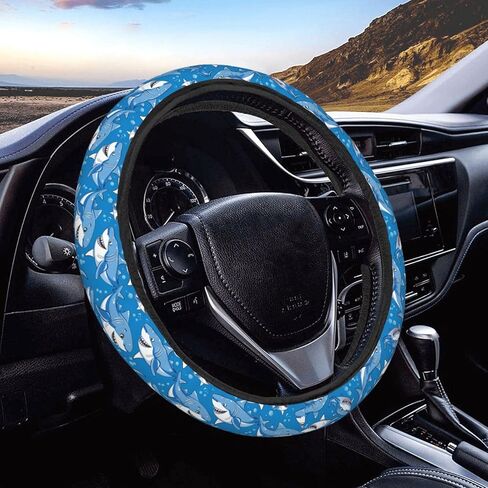 Cartoon Cute Blue Sharks Steering Wheel Covers Anti-Slip Elasticity Car Accessories Steering Wheel Protector Universal 15 Inch for Cars SUV Vehicle Truck in Kuwait