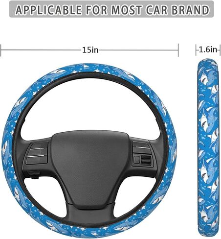 Cartoon Cute Blue Sharks Steering Wheel Covers Anti-Slip Elasticity Car Accessories Steering Wheel Protector Universal 15 Inch for Cars SUV Vehicle Truck in Kuwait