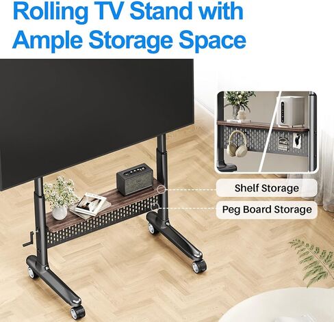 Hand Crank Lift Mobile TV Cart for 40-90 Inch Large LCD LED Flat Curved Screens up to 220 lbs, Heavy Duty Rolling TV Stand with Steel Shelf and Hole Platform, Portable TV Stand Max VESA 800x600mm in Kuwait