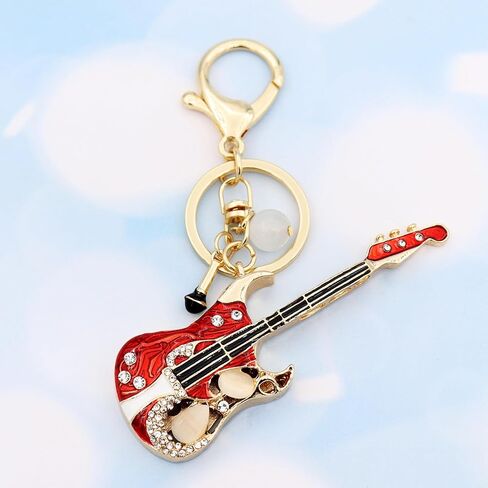 Elechobby Bass Guitar Keychain with Microphone Charm, Red and Gold Musical Instrument Key Ring in Kuwait