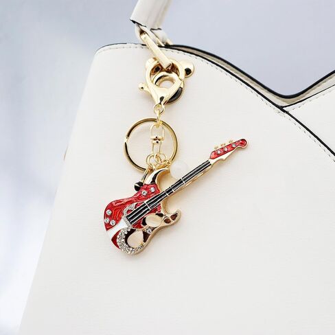 Elechobby Bass Guitar Keychain with Microphone Charm, Red and Gold Musical Instrument Key Ring in Kuwait