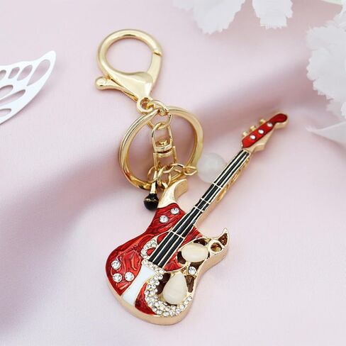 Elechobby Bass Guitar Keychain with Microphone Charm, Red and Gold Musical Instrument Key Ring in Kuwait