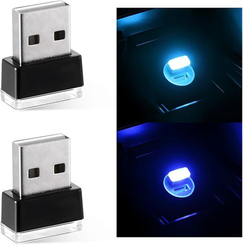 Sun Walker 2 PCS USB LED Car Interior Atmosphere Lamp, Plug-in USB Interface Trunk Ambient Light LED Decoration, Mini Portable Interior Night Lighting Kit for Most Vehicles (Blue) in Kuwait