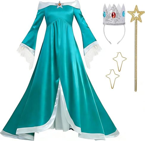 زي روزالينا النسائي للبالغين أميرة المجرة بدون أكتاف فستان فاخر مع أقراط التاج والعصا التنكرية مجموعة كاملة in Kuwait