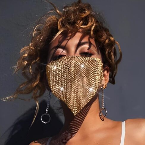 قناع شبكي من حجر الراين سباركلي قناع وجه تنكر كريستالي للحفلات والنوادي الليلية مجوهرات مغطاة بالفم للنساء (ذهبي) in Kuwait