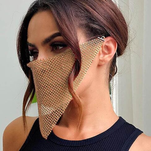 قناع شبكي من حجر الراين سباركلي قناع وجه تنكر كريستالي للحفلات والنوادي الليلية مجوهرات مغطاة بالفم للنساء (ذهبي) in Kuwait