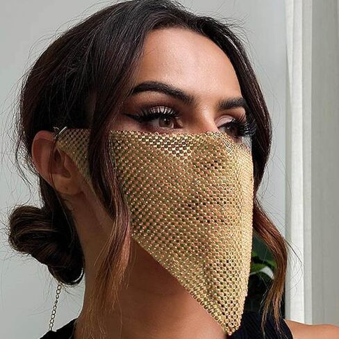 قناع شبكي من حجر الراين سباركلي قناع وجه تنكر كريستالي للحفلات والنوادي الليلية مجوهرات مغطاة بالفم للنساء (ذهبي) in Kuwait