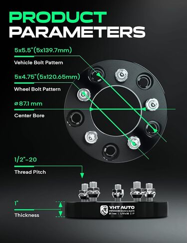 YHTAUTO 5x5.5 to 5x4.75 Wheel Adapters 1 Inch Compatible with Dodge Ford Jeep, Tire Adapters w/ 1/2"-20 & 12.9 Grade Studs, 87.1mm Center Bore 5 Lug 2PCS Black in Saudi Arabia
