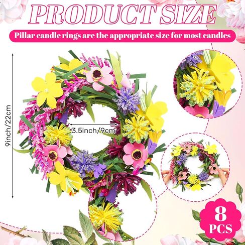 8 Pcs Spring Summer Artificial Flowered Wreaths Mini Wildflower Candle Rings Wreath for Kitchen Cabinet Swags Wreath Pillar Candle Holder for Wedding Home Door Tabletop Decoration in Kuwait