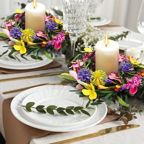 8 Pcs Spring Summer Artificial Flowered Wreaths Mini Wildflower Candle Rings Wreath for Kitchen Cabinet Swags Wreath Pillar Candle Holder for Wedding Home Door Tabletop Decoration in Kuwait