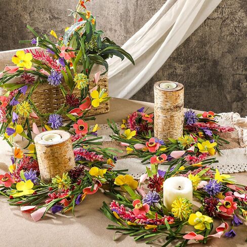 8 Pcs Spring Summer Artificial Flowered Wreaths Mini Wildflower Candle Rings Wreath for Kitchen Cabinet Swags Wreath Pillar Candle Holder for Wedding Home Door Tabletop Decoration in Kuwait