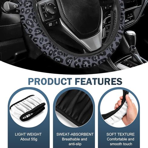 Steering Wheel Cover, Leopard Print Anti-scratch Non Slip Steering Wheel Protector Cover, Elastic Breathable Fasion Car Interior Accessories for Women, Universal for Most Cars (Black) in Kuwait