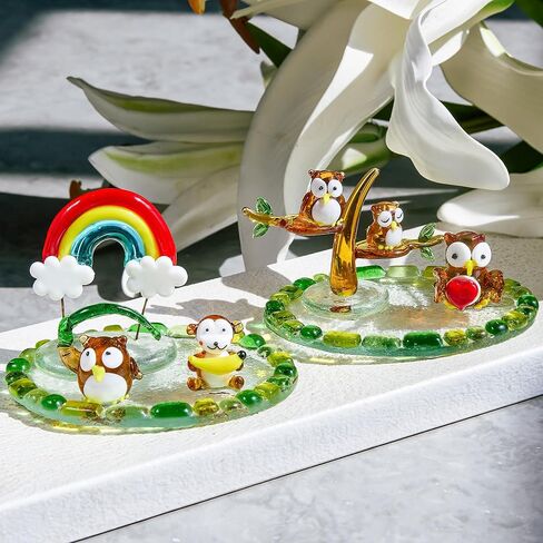 H&D HYALINE & DORA Owl Blown Glass Figurine Miniature Bird Figurine with Round Base Handmade Glass Animal Figure Collectible for Christams Home Decor in Saudi Arabia