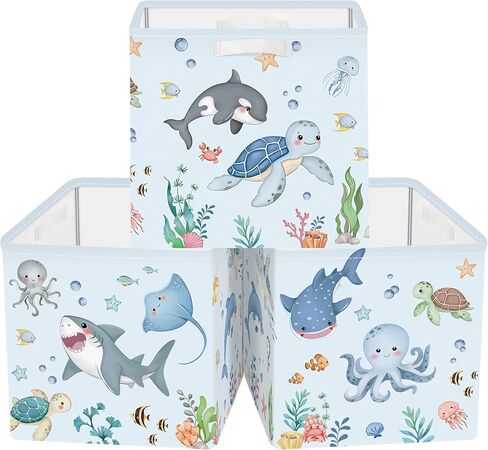 Clastyle Ocean Animal Kid Storage Basket Set Shark Foldable Closet Clothes Organizer Nursery Toddler Toy Bin Boy Girl Book Shelf Basket in Kuwait