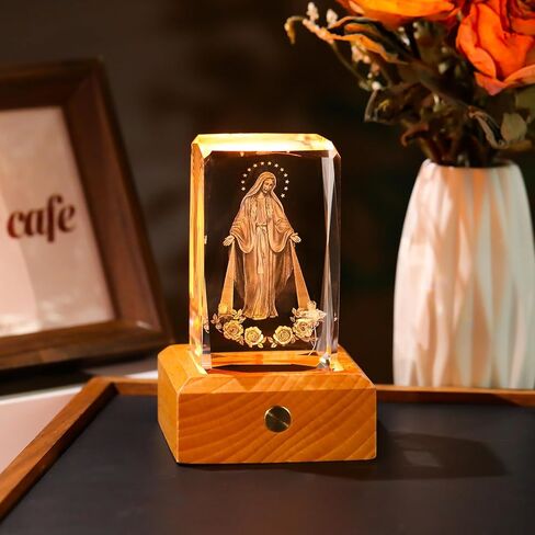 3D Crystal Virgin Mary Figurines Religious Gifts for Women Men, Glass Blessed Mother Christian Cube for Room with Wooden Light Base, Collectible Keepsake for Catholic on Christmas Home Decor in Saudi Arabia