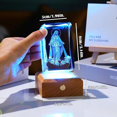3D Crystal Virgin Mary Figurines Religious Gifts for Women Men, Glass Blessed Mother Christian Cube for Room with Wooden Light Base, Collectible Keepsake for Catholic on Christmas Home Decor in Saudi Arabia
