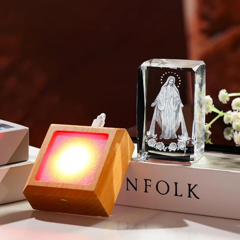 3D Crystal Virgin Mary Figurines Religious Gifts for Women Men, Glass Blessed Mother Christian Cube for Room with Wooden Light Base, Collectible Keepsake for Catholic on Christmas Home Decor in Saudi Arabia
