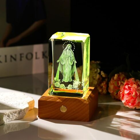 3D Crystal Virgin Mary Figurines Religious Gifts for Women Men, Glass Blessed Mother Christian Cube for Room with Wooden Light Base, Collectible Keepsake for Catholic on Christmas Home Decor in Saudi Arabia