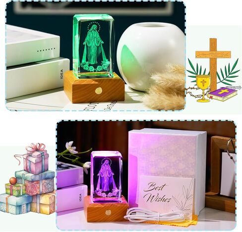 3D Crystal Virgin Mary Figurines Religious Gifts for Women Men, Glass Blessed Mother Christian Cube for Room with Wooden Light Base, Collectible Keepsake for Catholic on Christmas Home Decor in Saudi Arabia