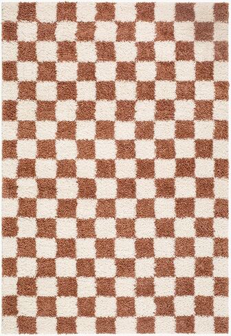 Hauteloom Chack Living Room, Bedroom Area Rug - Square Tile Checkered - Shaggy Plush Pile - Orange, White, Cream - 6'7" x 9' in Kuwait