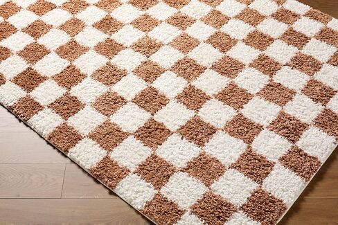 Hauteloom Chack Living Room, Bedroom Area Rug - Square Tile Checkered - Shaggy Plush Pile - Orange, White, Cream - 6'7" x 9' in Kuwait