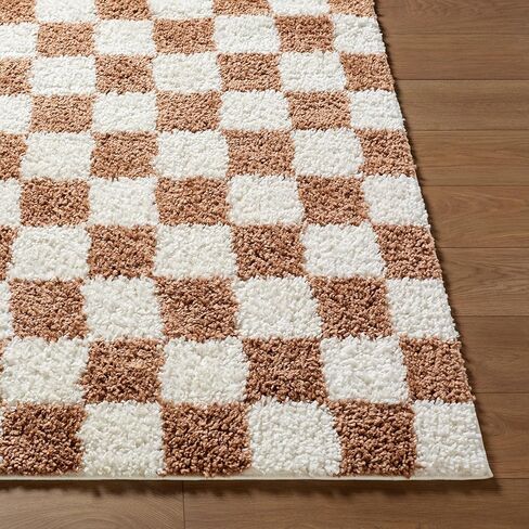 Hauteloom Chack Living Room, Bedroom Area Rug - Square Tile Checkered - Shaggy Plush Pile - Orange, White, Cream - 6'7" x 9' in Kuwait