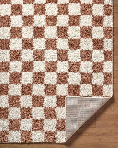 Hauteloom Chack Living Room, Bedroom Area Rug - Square Tile Checkered - Shaggy Plush Pile - Orange, White, Cream - 6'7" x 9' in Kuwait