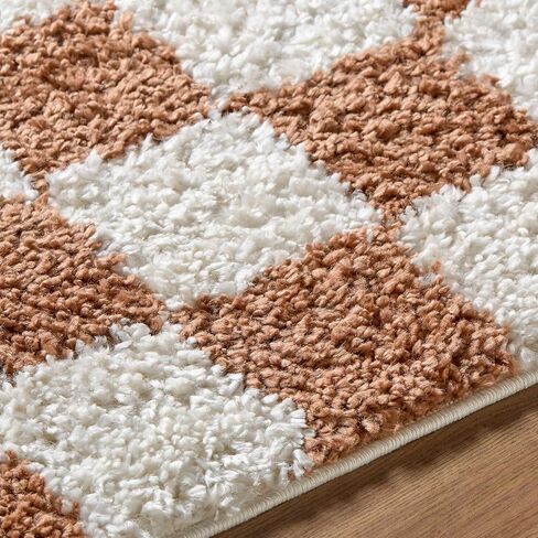 Hauteloom Chack Living Room, Bedroom Area Rug - Square Tile Checkered - Shaggy Plush Pile - Orange, White, Cream - 6'7" x 9' in Kuwait