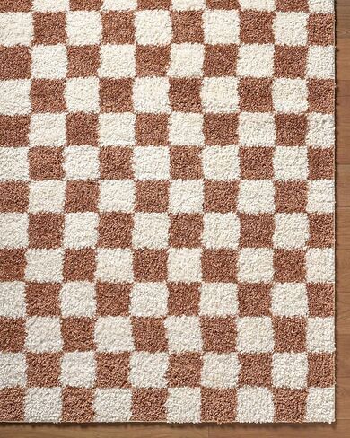 Hauteloom Chack Living Room, Bedroom Area Rug - Square Tile Checkered - Shaggy Plush Pile - Orange, White, Cream - 6'7" x 9' in Kuwait
