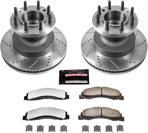 طقم فرامل أمامية PowerStop لسيارة Ford E-350 Super Duty 2008-25 | Ford E-450 Super Duty 2008-25 - وسادات فرامل سيراميك من ألياف الكربون للشاحنة والسحب + ترقية الدوارات المحفورة والمشقوقة، K4717-36 in Saudi Arabia