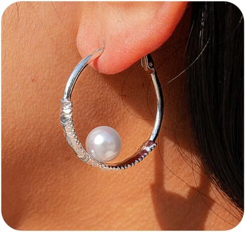 Gold Large Pearl Hoop Earrings for Women,Trendy Chunky Pearls Circle Geometric Dangle Earrings,Fashion Party Jewelry Gift Prom Outfit Accessories in Kuwait