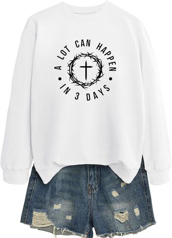 Women's A Lot Can Happen In Three Days Christian Jesus Faith Cross Printed Crew Neck Pullover Sweatshirt Christian Gift in Saudi Arabia