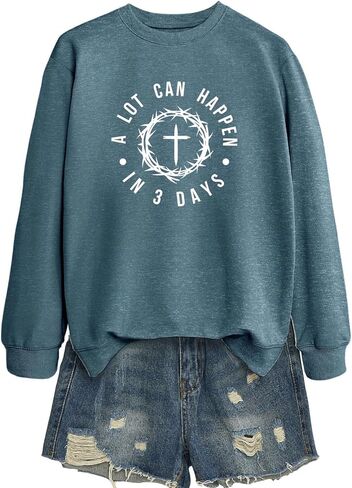 Women's A Lot Can Happen In Three Days Christian Jesus Faith Cross Printed Crew Neck Pullover Sweatshirt Christian Gift in Saudi Arabia