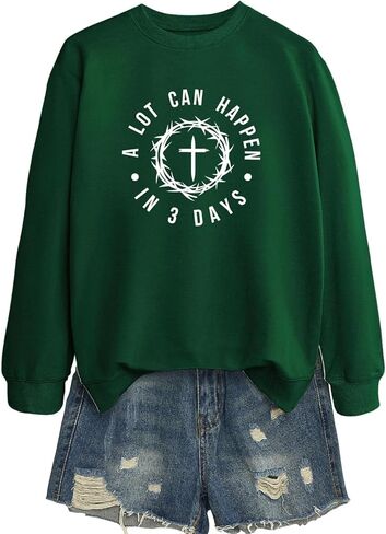 Women's A Lot Can Happen In Three Days Christian Jesus Faith Cross Printed Crew Neck Pullover Sweatshirt Christian Gift in Saudi Arabia