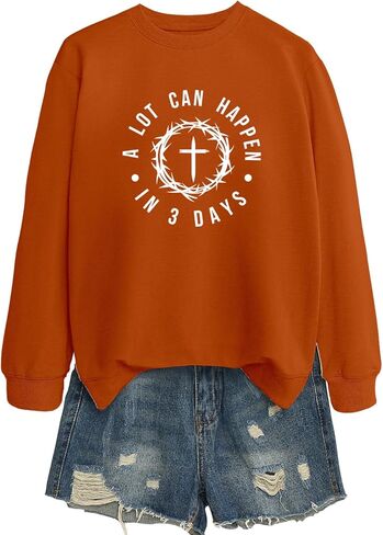 Women's A Lot Can Happen In Three Days Christian Jesus Faith Cross Printed Crew Neck Pullover Sweatshirt Christian Gift in Saudi Arabia