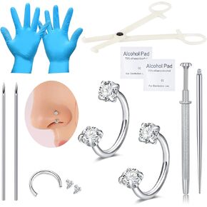 طقم ثقب حاجز الأنف من DJCIW، إبر ثقب من الفولاذ المقاوم للصدأ 18 جرام مع أداة مشابك ثقب وحلقات حلقية فضية للأنف 20 جرام مجوهرات الحاجز، طقم ثقب احترافي لحاجز الأنف والشفاه والأذن in Kuwait