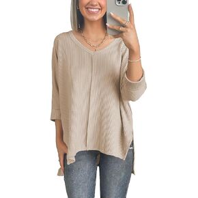 Poetsky Womens Fashion Oversized Tunic Tops Ribbed Batwing 3/4 Sleeve Casual Corded Textured Split Hi-Lo Hem Shirts Blouses in Kuwait