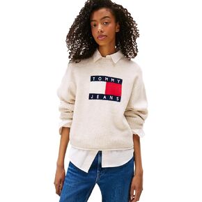 بلوفر نسائي من Tommy Jeans مصنوع من مزيج الصوف بياقة دائرية مع شعار علم كبير محبوك in Kuwait