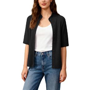 كنزة صوفية قصيرة الأكمام من Bankeng للنساء بياقة واقفة وأزرار سفلية سترة علوية خفيفة الوزن ومتماسكة in Kuwait